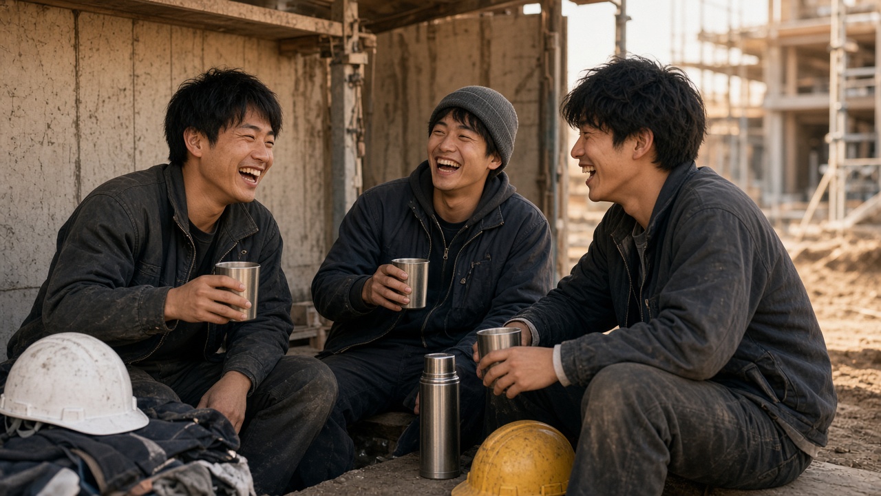笑顔で休憩する若い作業員たち