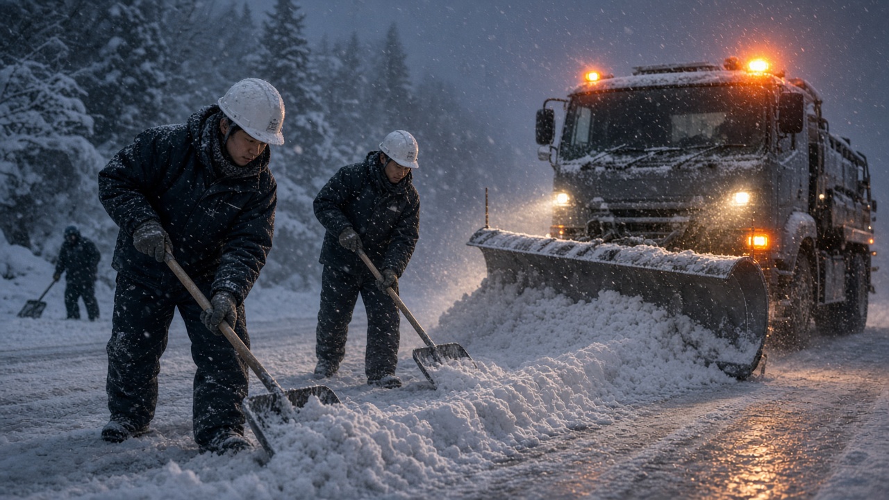 雪の中で除雪作業に当たる若い作業員たち